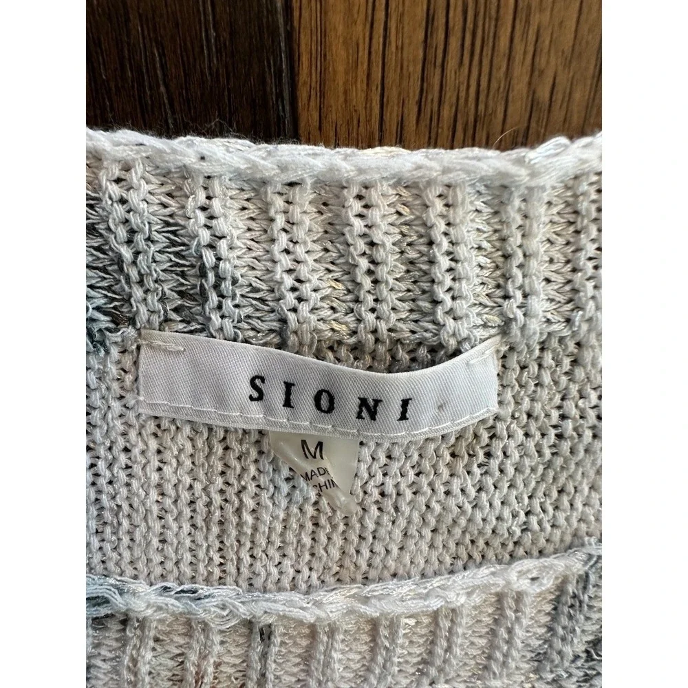 Sioni Womens Crane Bird Print Knit Sweater Grey White Batwing 3/4 Sleeve Medium